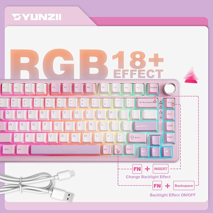 YUNZII B75 PRO 75% Wireless Mechanical Keyboard (Purple, Milk Switch) | Hot Swap Keyboard with Knob, Gasket Mount, Creamy Pre-lubed Switch for Smooth Typing, BT/USB-C/2.4G, for Gaming - Image 6