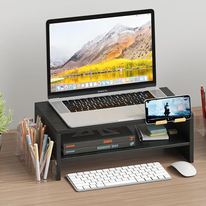 TEAMIX 2 Tiers Wood Monitor Stand Riser with Phone Holder & Side Pen Holder | Black Desk Organizer, 15.7L x 9.5W x 5.7 inch, Holds 80 lbs, Laptop/PC/Printer Stand, Ergonomic Design, Home Office Supplies - Image 2