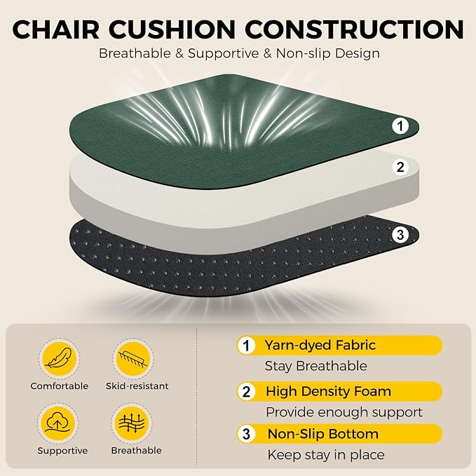 downluxe Indoor Chair Cushions for Dining Chairs, Soft and Comfortable Textured Foam Kitchen Chair Pads with Ties and Non-Slip Backing, 16" x 16" x 2", Dark Green, 6 Pack - Image 3