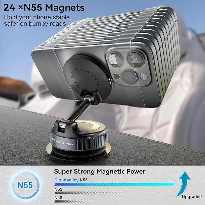 CloudValley 15W Fast Wireless Charger Car Phone Mount Charger with Type-C Fast Car Charger, Vacuum Suction Cup Magnetic Phone Holder Design for MagSafe iPhone 17 Pro Max 16-12 Series,Pixel 10 Pro XL - Image 6