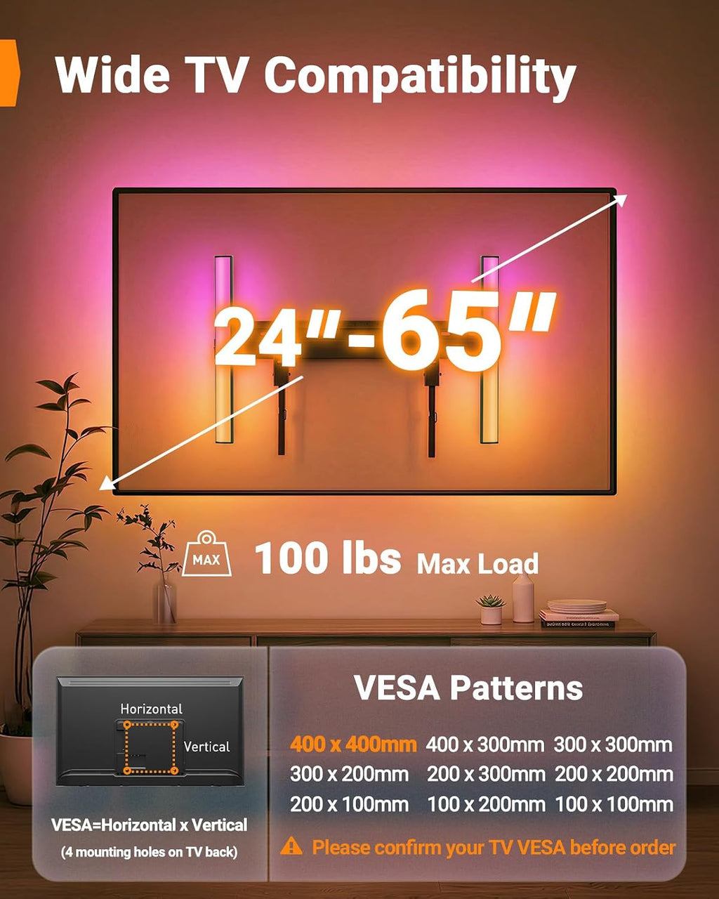 Perlegear No Stud TV Wall Mount with LED Light for 24–65 inch TVs - Image 2