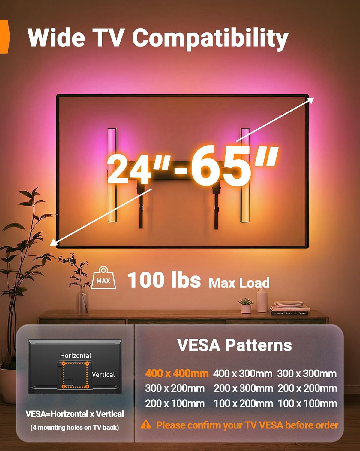 Perlegear No Stud TV Wall Mount with LED Light for 24–65 inch TVs - Image 2