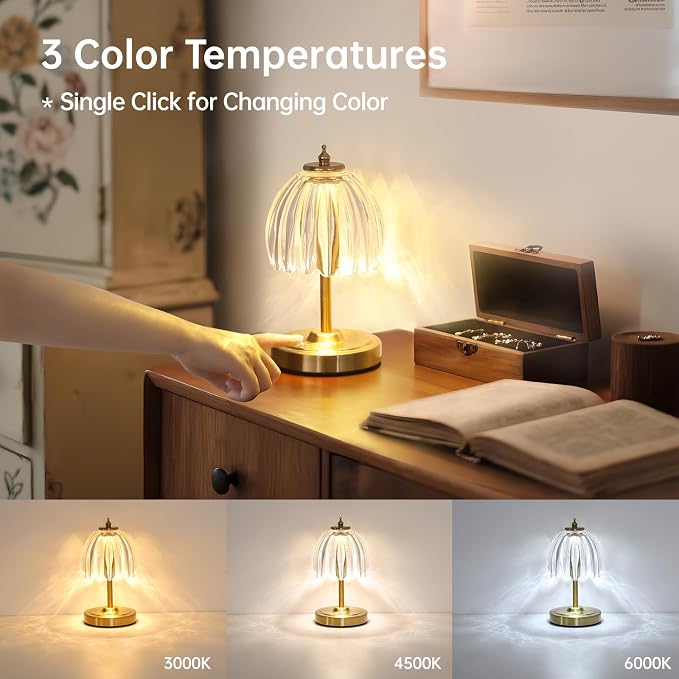 Shenmoyl Set of 2 Tulip Table Lamp with 5200mAh Battery & Touch Control, Cordless Small Table Lamp with 3 Colors, Rechargeable Battery Operated Table Lamps for Nightstand, Bedroom (Transparent Tulip) - Image 4