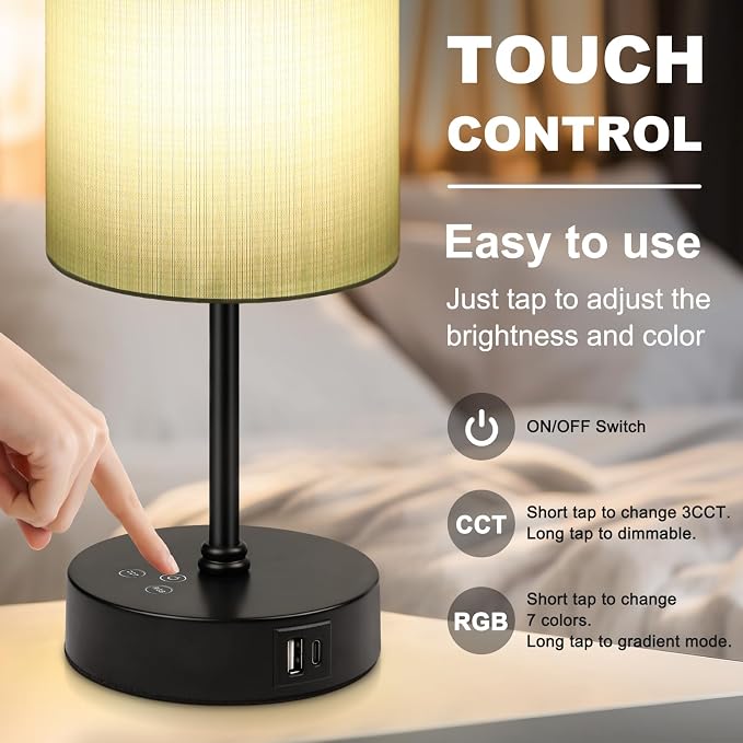 Table Lamp for Bedroom, 3 Color Temperatures, 7 RGB Colors, Adjustable Brightness, Dual USB Charging Ports, Ambience Nightstand Light with Blue Shade, Desk Lamp for Kids Reading Home Office - Image 8