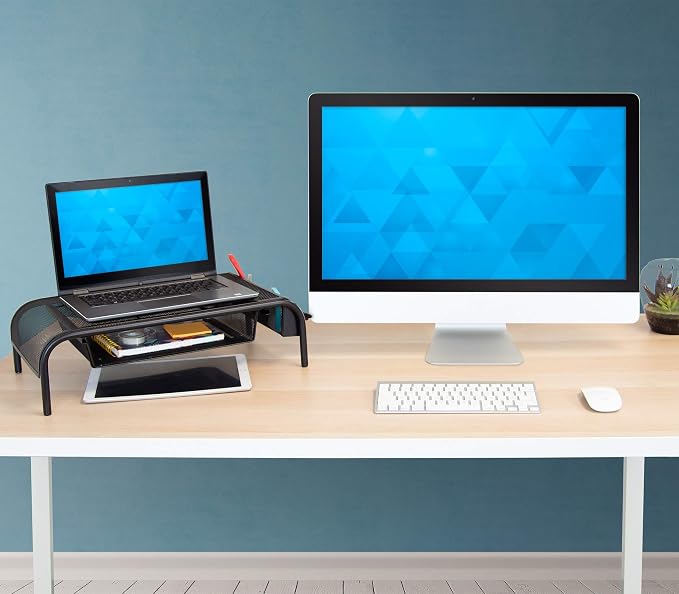 Mount-It! Metal Mesh Monitor Stand with Drawer, Ergonomic Desk Organizer and Riser for Monitors and Laptops, Desktop Stand with Extra Storage and Side Pocket, Black - Image 9