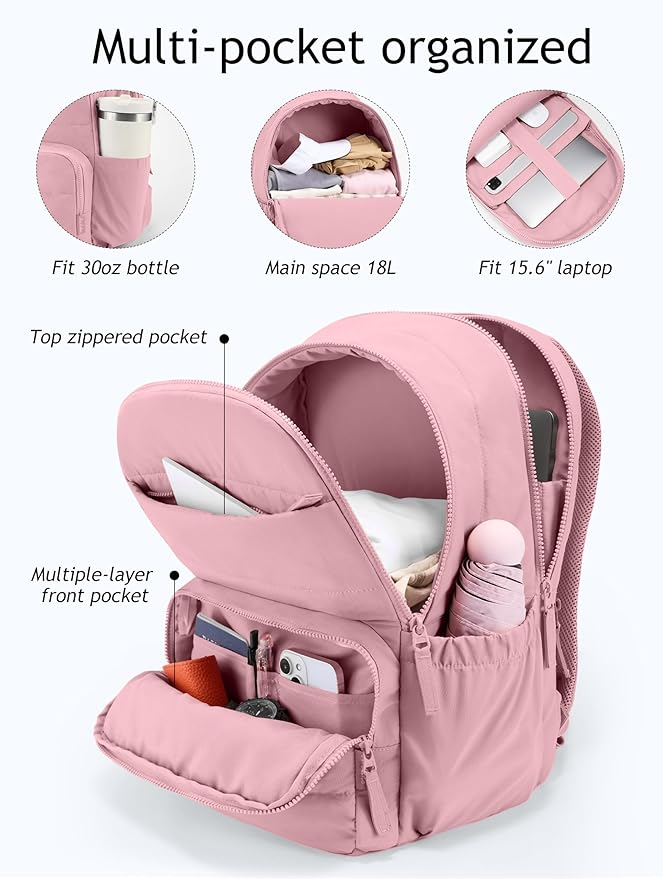 Uselike Travel Backpack for Women, 15.6 Inch Laptop Backpack, Quilted College Bookbag, Cute Work Backpacks, Water Resistant (Mauve Pink) - Image 2