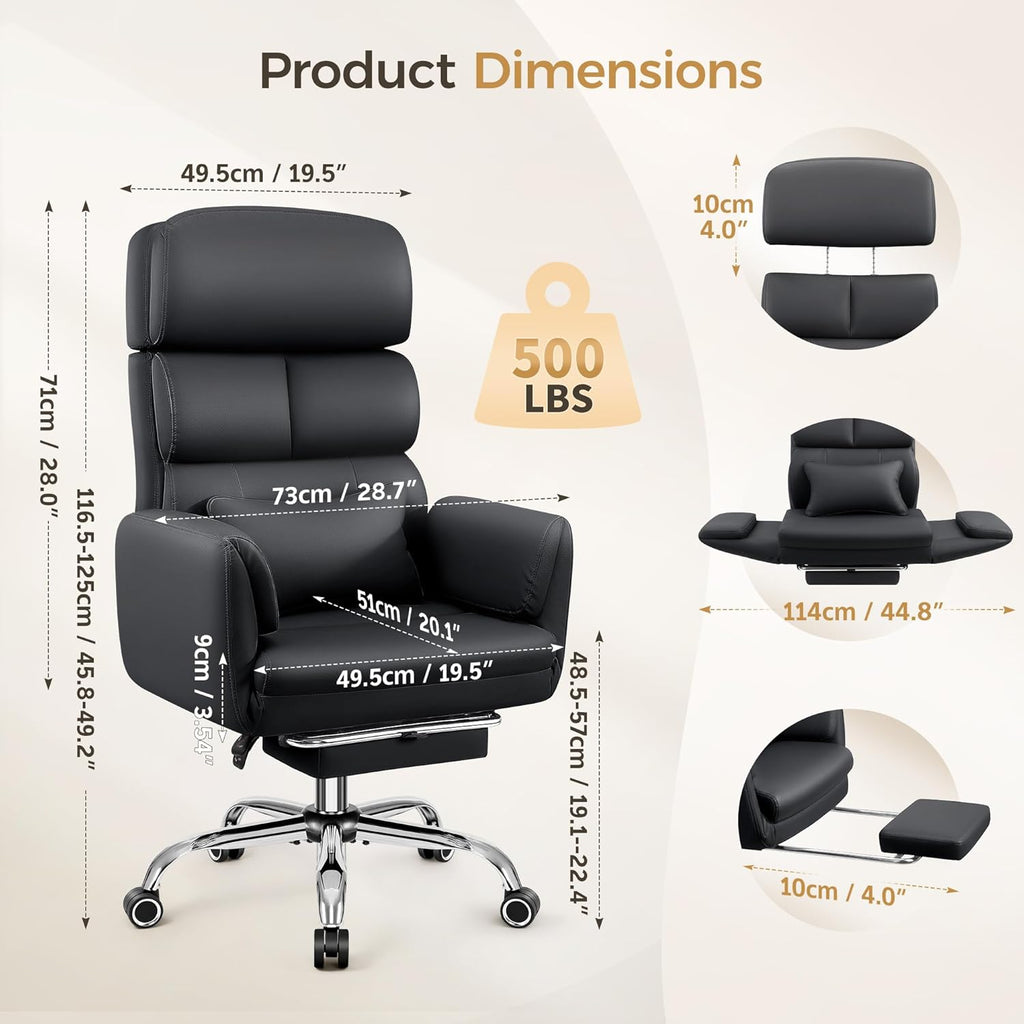 Big and Tall Office Chair 500LBS, Ergonomic High Back Leather Executive Chair, Reclining Swivel with Adjustable Armrests Lumbar Support Footrest, Criss Cross Legged, Black - Image 2