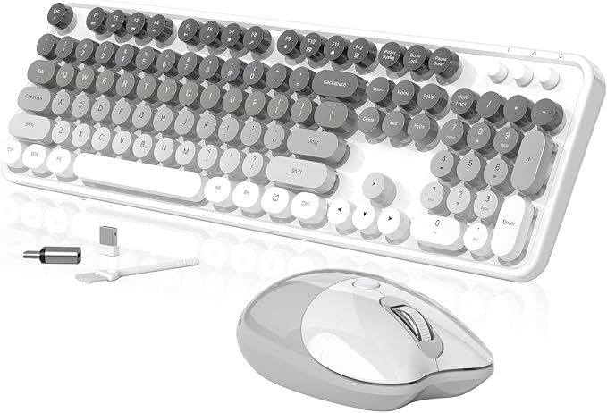 Creamy Wireless Keyboard and Mouse, MOFII 104 Round Keycaps Retro Typewriter with OTG & Brush, Full-Size Ergonomic, Ideal for Windows PC, Home, Office and College Gray White by MOFII