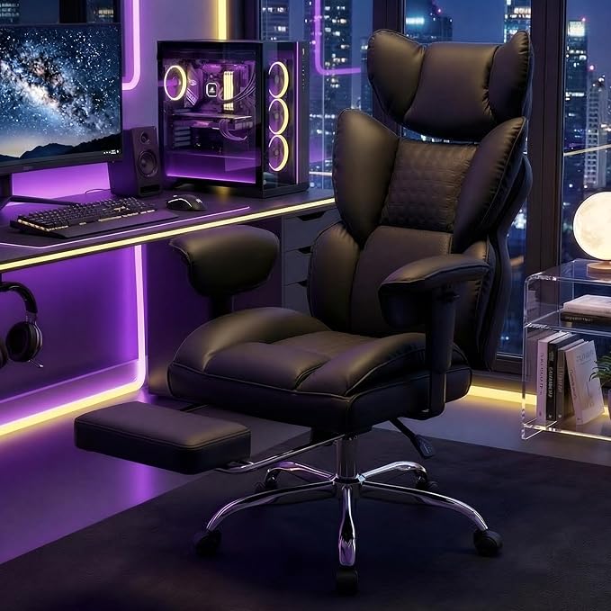 DUMOS Big and Tall Home Office Desk Chair, Executive Chair with Footrest | PU Leather, Ergonomic Comfy Lumbar Support, High Back Reclining, Adjustable Armrests, Black - Image 9