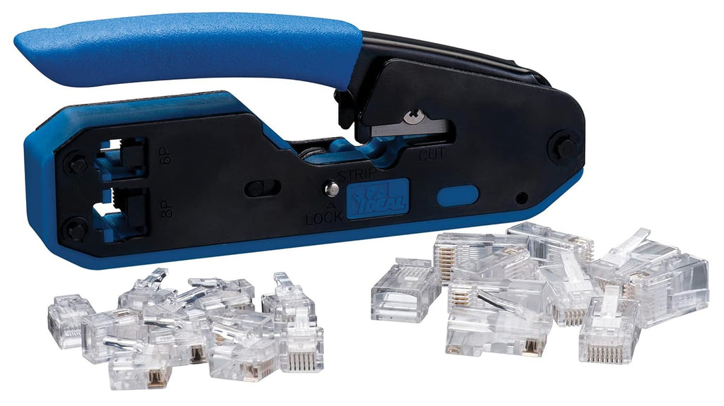 IDEAL Electrical 33-396 Data/Voice Modular Plug Crimp Tool Kit, Crimping Tool for CAT3/5e/6 Cables, RJ-45 (8P8C) & RJ-11 (6P6C, 6P4C, 6P2C) w/ 20 Plugs by Ideal Industries