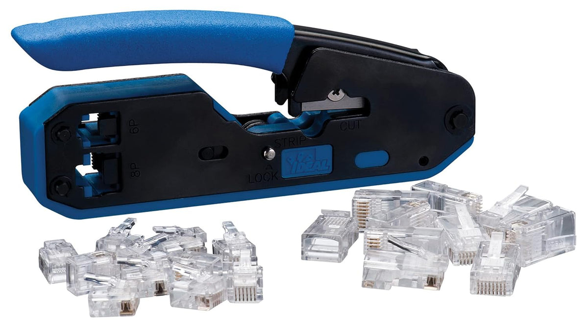 IDEAL Electrical 33-396 Data/Voice Modular Plug Crimp Tool Kit, Crimping Tool for CAT3/5e/6 Cables, RJ-45 (8P8C) & RJ-11 (6P6C, 6P4C, 6P2C) w/ 20 Plugs by Ideal Industries