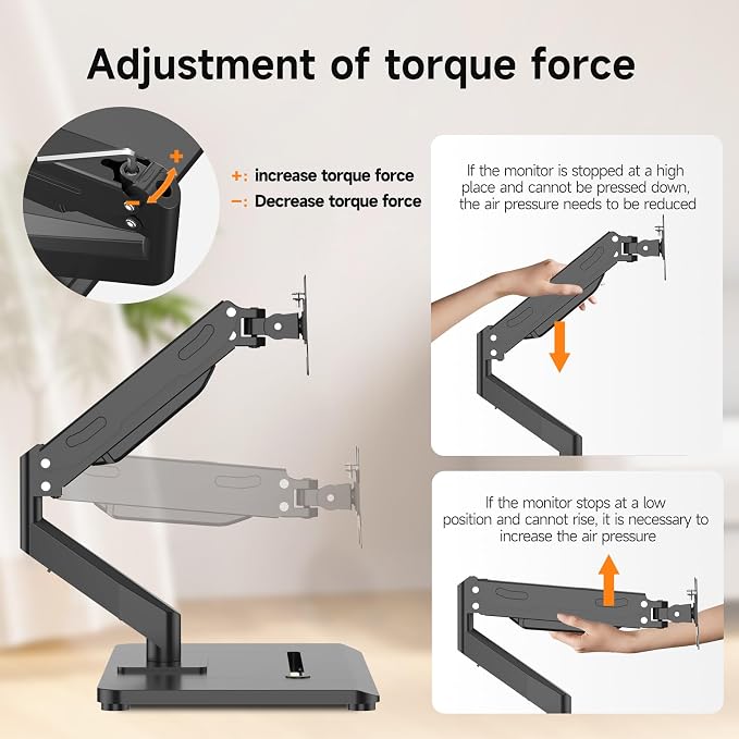 Pholiten Adjustable Monitor Arm with Base for 17-32" Screen | Pneumatic VESA Computer Mount with Base, Freestanding Full Motion, Holds up to 22 lbs - Image 3