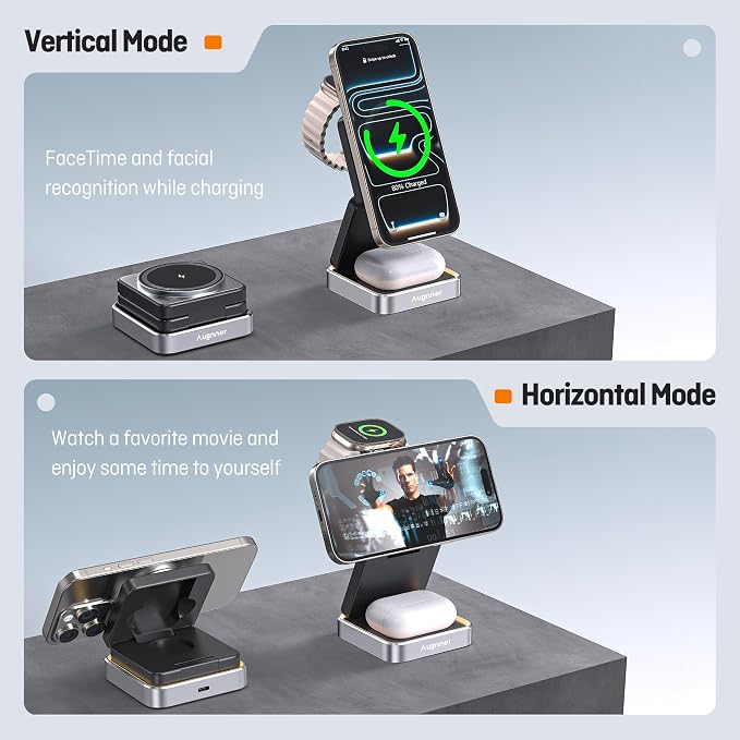 Augnner 25W 3-in-1 Charging Station for Apple Device, Black Foldable Magnetic Wireless Charger, Fast Travel Charging Stand for iPhone17/16/15/14/13/12 Series, AiWatch/AirPods - Image 9