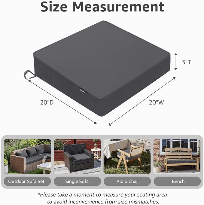 PatioGlow Outdoor Chair Cushions 20 x 20 x 3 Inch, Waterproof & Fade Resistant Patio Seat Cushion for Furniture with Handle and Ties, Thick Seating Pads for Outside Sofa Couch Set of 2, Grey - Image 2