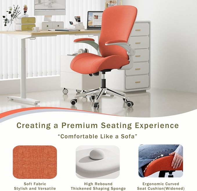 Orange Ergonomic Office Desk Chair, Soft Fabric Thickened Curved seat Cushion with Adjustable Lumbar Support, Perfect Blend of Comfort and Good Looks, Ideal Chair for Home or Office, Orange - Image 3