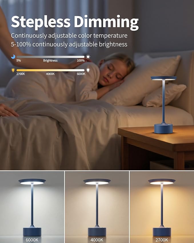 PUSU Rechargeable Table Lamps Set of 2, Blue Cordless Portable Desk Lamp | 4000mAh Battery, Stepless Dimming & 3 Color 2700K-6000K, LED Lamp for Bedroom, Living Room, Restaurant, Outdoor, Night Light - Image 6