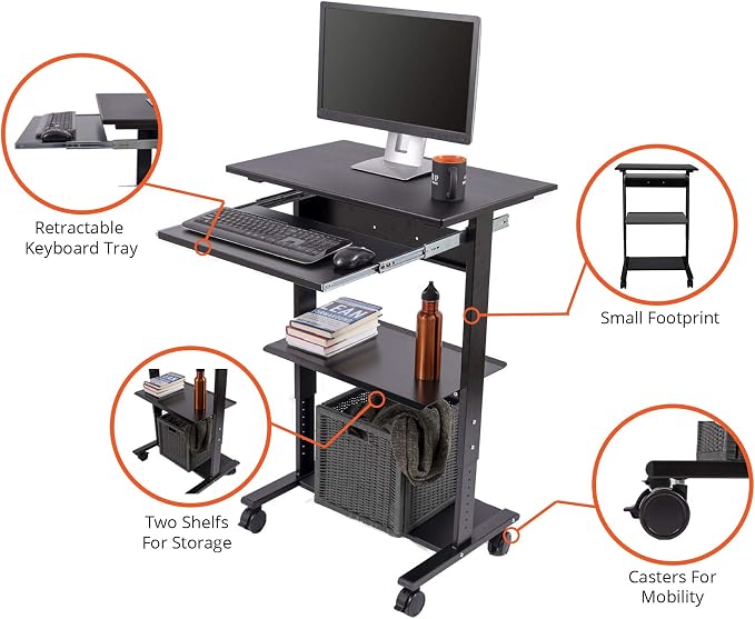 Stand Up Desk Store Mobile Rolling Adjustable Height Standing Workstation with Printer Shelf and Slideout Keyboard Tray (Black Frame/Black Top, 30" Wide) - Image 7