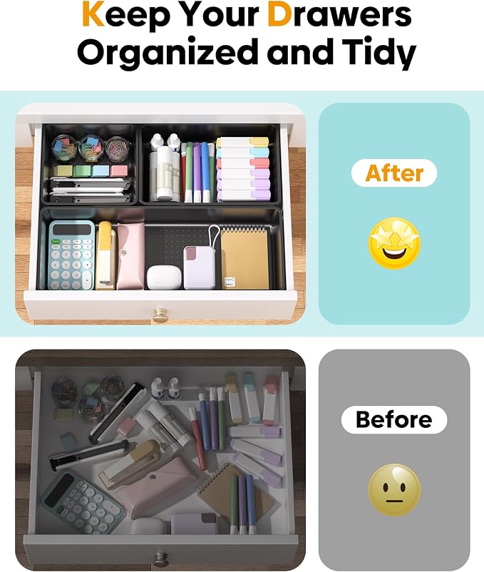 10 Pack Large Size Plastic Drawer Organizers Set, 3 Sizes Desk Drawer Organizer Trays, Storage Bins for Vanity, Makeup, Bathroom, Kitchen Utensils and Office (Black) - Image 4