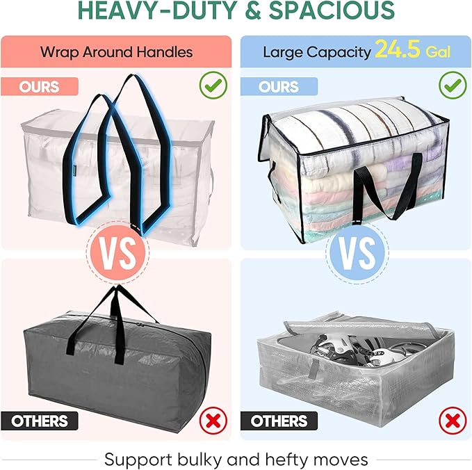 BALEINE 16-Pack Oversized Moving Bags with Reinforced Handles, Heavy-Duty Storage Tote for Clothes, Moving Supplies (Clear, 16-Pack) - Image 4