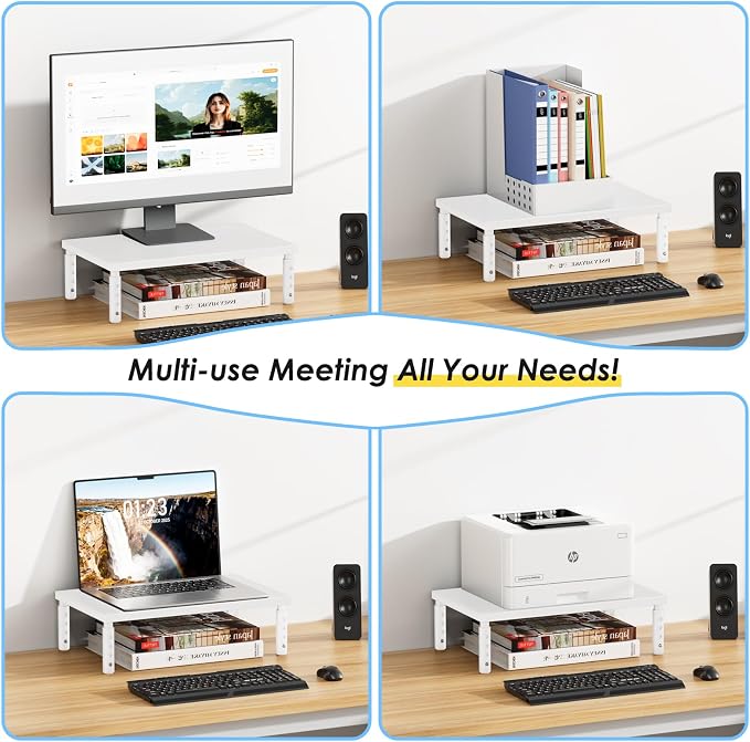 ECOLOVI Adjustable Wood Computer Monitor Stand Riser, Office Desk Organizer and Accessories for Monitor, Laptop, PC, Printer, Office Desk Accessories Workspace Organizer for Home Office Supplies, White - Image 4