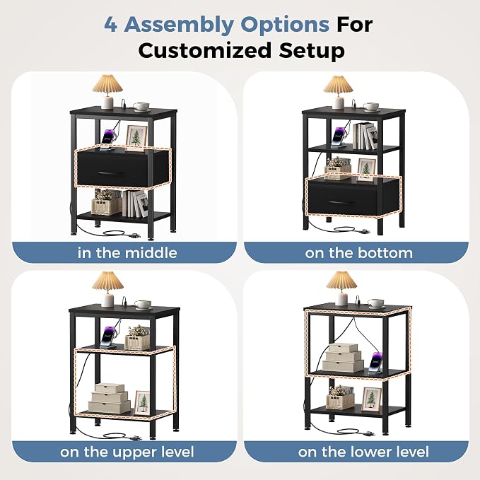OLIXIS Nightstand with Charging Station, Beside Table with Fabric Drawer | 3-Tier End Table with 2 Storage Shelves,Night Stand with USB Ports and Outlets for Bedroom, Black - Image 6