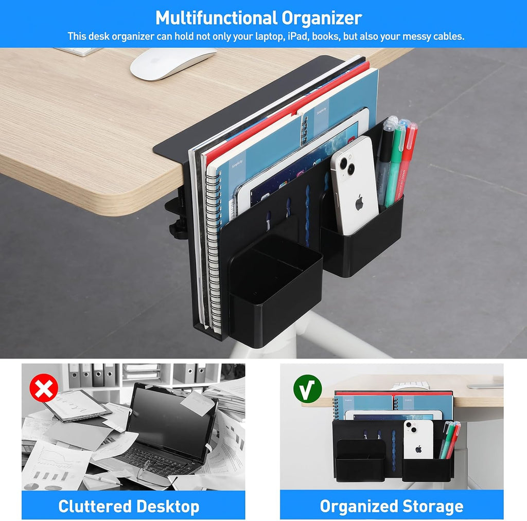 MAXECHO Desk Side Storage, Under Desk Laptop Mount, Table Side Hanging File Organizer, No Drill Clamp On Cable Management Tray, Laptop Holder with Magnetic Pen Holder for Office and Home, Load 22 Lbs - Image 3