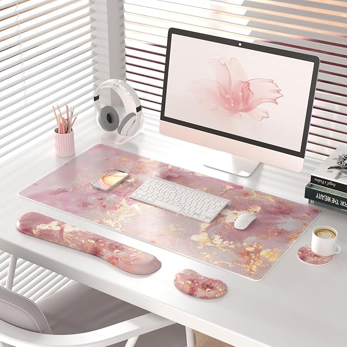 QIYI PU Leather Desk Mat Set, 4-in-1 Ergonomic Wrist Rest, Pink Marble | Waterproof Large Mouse Pad 31.5×15.7 + Keyboard Wrist Rest + Mouse Wrist Support+Coaster, Non-Slip Office Gaming Accessories - Image 2