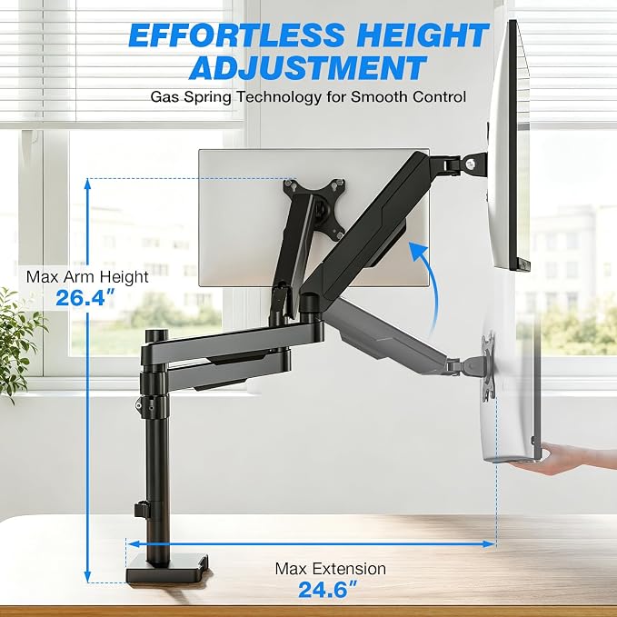 Rfiver Dual Monitor Stand Desk Mount for 17-34" Screens Holds up to 22lbs | Full Motion Height Adjustable, Tilt/Swivel, 360 Rotation VESA 75/100mm, Compatible C-clamp/Grommet Base Install - Image 3
