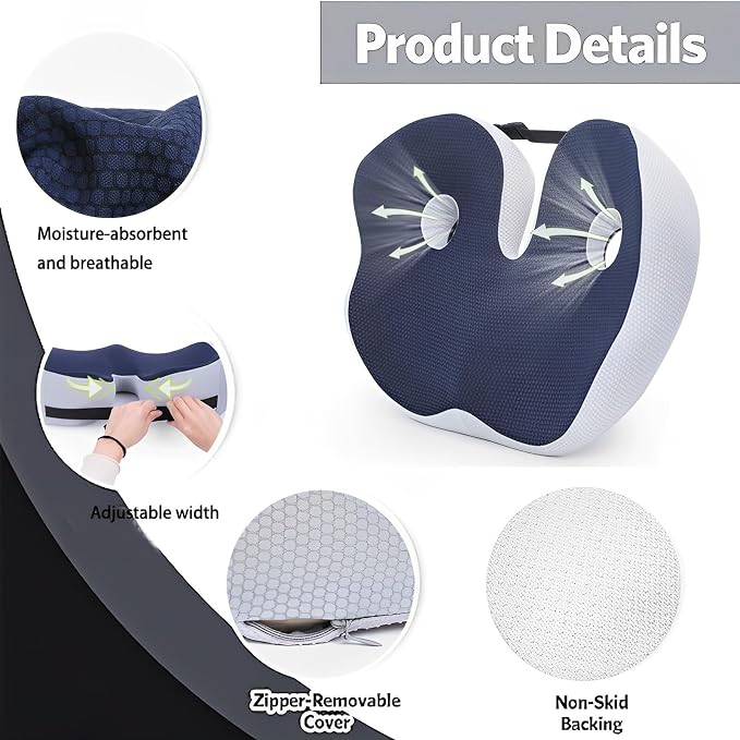 Seat Cushion, Seat Cushion for Sit Bone and Back Pain Relief, Butt, Tailbone, Hip, Hamstring, Posture Support - Memory Foam Comfort Ischial Tuberosity Pillow (Blue) - Image 2