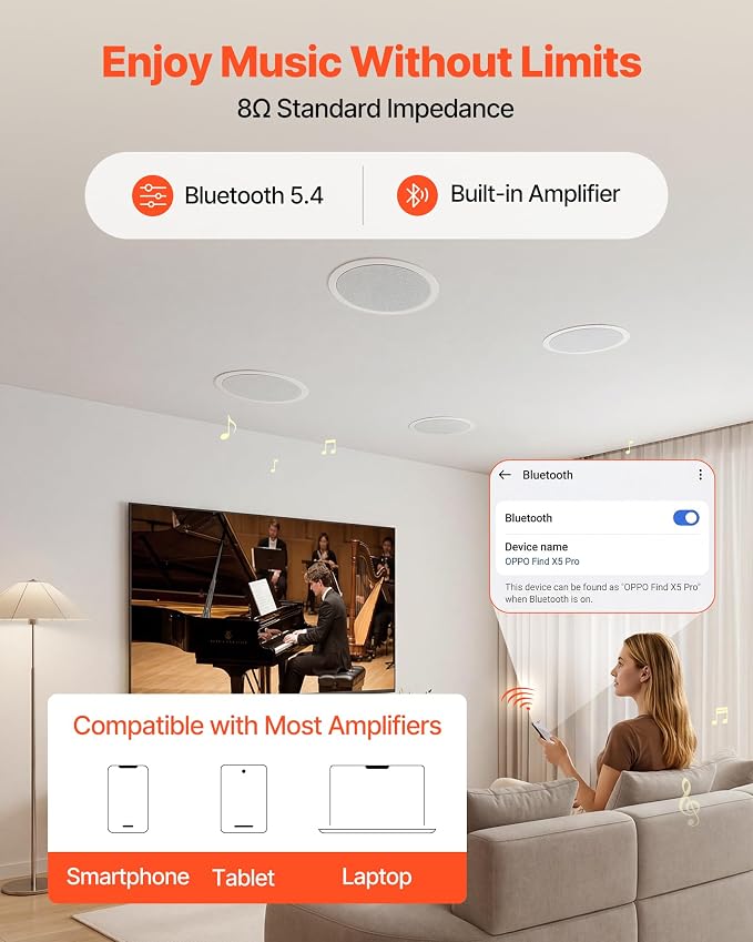 VEVOR Bluetooth Ceiling Speakers, 6.5", in Ceiling & in-Wall Speaker System with Amplifier, 2-Way, for Damp and Humid Placement, Home Theater, Covered Outdoor Patio and Flush Mount Wired, 4 Speakers - Image 3