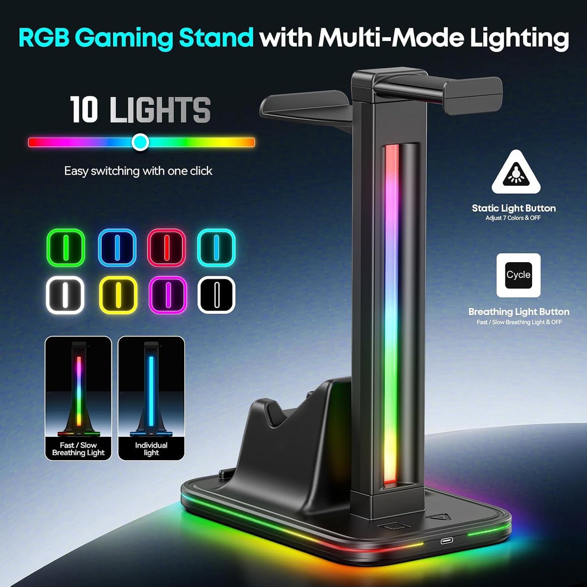 Kytok 4-in-1 Headset and Controller Stand for Desk, 360° Rotating Headphone Stand with Phone Holder, 10 RGB Modes for Accesorios de Mesa Gamer, P5/SW/Xbx Levitating Gaming Headset and Controller Stand - Image 6