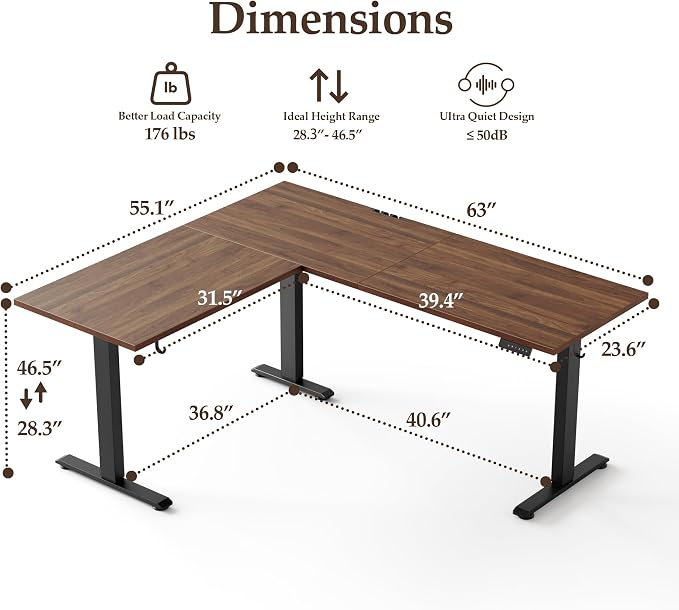 Klicelor L Shaped Standing Desk 63 x 55.1 Inch Dual Motors, Electric Height Adjustable Corner Desk for Home Office Workstation, Ergonomic Sit Stand Computer Table with Memory Controller, Dark Walnut - Image 3