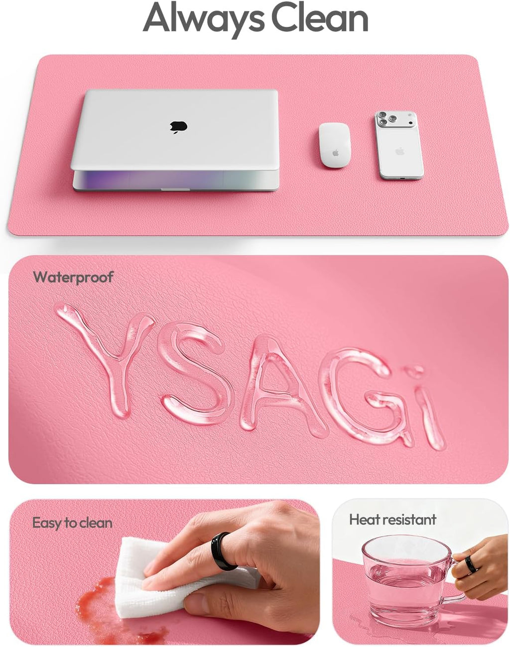YSAGi Leather Desk Pad Protector, Large Mouse Pad, Non-Slip PU Leather Desk Blotter, Laptop Desk Pad/Mat, Waterproof Writing Pad for Office and Home (23.6" x 13.8", Pink) - Image 7