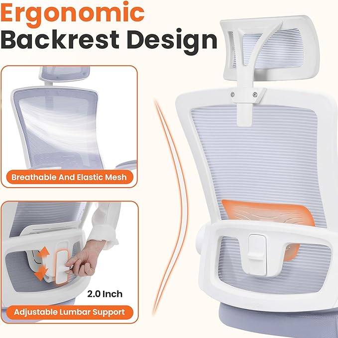 NEO CHAIR Office Desk Chair with Ergonomic High Back Mesh Headrest, Purple | Adjustable Headrest and Lumbar Support with Flip-Up Armrests Designed for Extended Sitting Comfort While Saving Space - Image 3