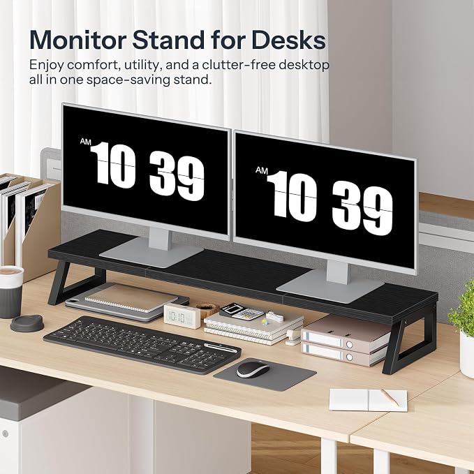 HOOBRO Dual Monitor Stand Riser, 39 Inch Large Computer Monitor Stand for 2 Monitors, Computer Monitor Riser, Desk Shelf Organizer for Office Desk, Accessories, Black BB121CJ01 - Image 3