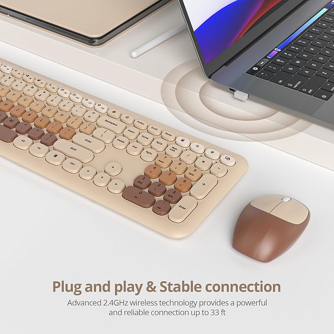 surmen Brown Quiet Keyboard and Mouse Wireless, Full-Size Retro Typewriter Wireless Cute Colorful Keyboard with Low-Noise 2.4GHz for Home and Office（Coffee - Image 2