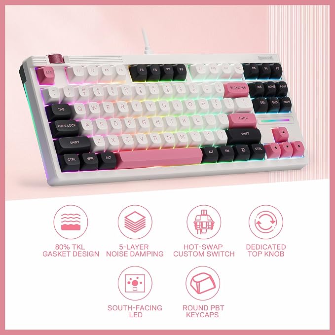 Redragon K729 80% Wired Gasket RGB Gaming Keyboard, 87 Keys TKL Mechanical Keyboard w/Knob Control, Mix-Color PBT Keycaps, Hot-Swap South-Facing Socket & 5-Layer Dampener, Custom Linear Switch - Image 2