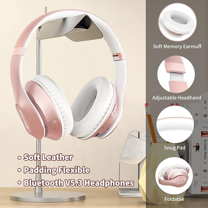 Wireless Bluetooth Headphones Over Ear 65H Playtime HiFi Stereo Headset with Microphone and 6EQ Modes Foldable Bluetooth V5.3 Headphones for Travel Smartphone Computer Laptop Rose Gold | 65H Playtime 6EQ Modes Foldable Bluetooth Headset with Microphone... - Image 4