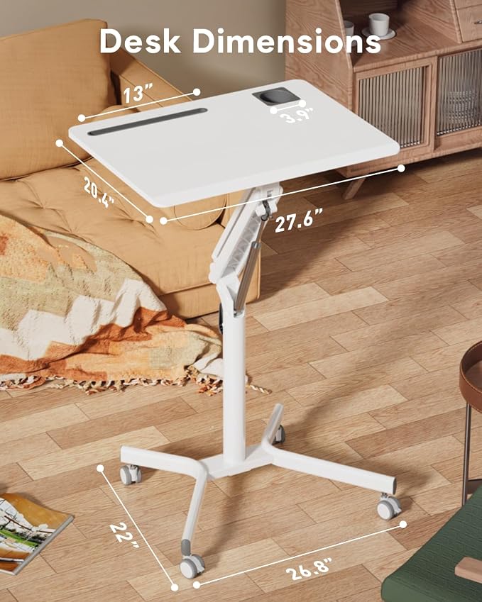 JOY worker Mobile Standing Desk, 28" White Rolling Laptop Desk with Wheels | Small Portable Sit-Stand Workstation Height Adjustable, Slim Ergonomic Teacher Stand Up Desk with Cup Holder for Home Office - Image 3