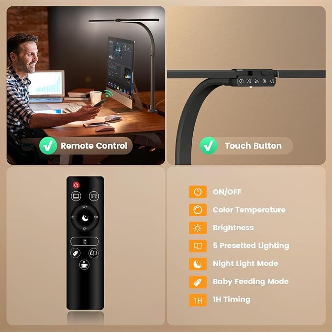 Upgraded Desk Lamp for Home Office - Dimmable Computer Desk Light with Remote, Modern Architect Task Lamp with Color Changing, Flexible Desktop Lamp with Gooseneck for Monitor, Double Head - Image 4
