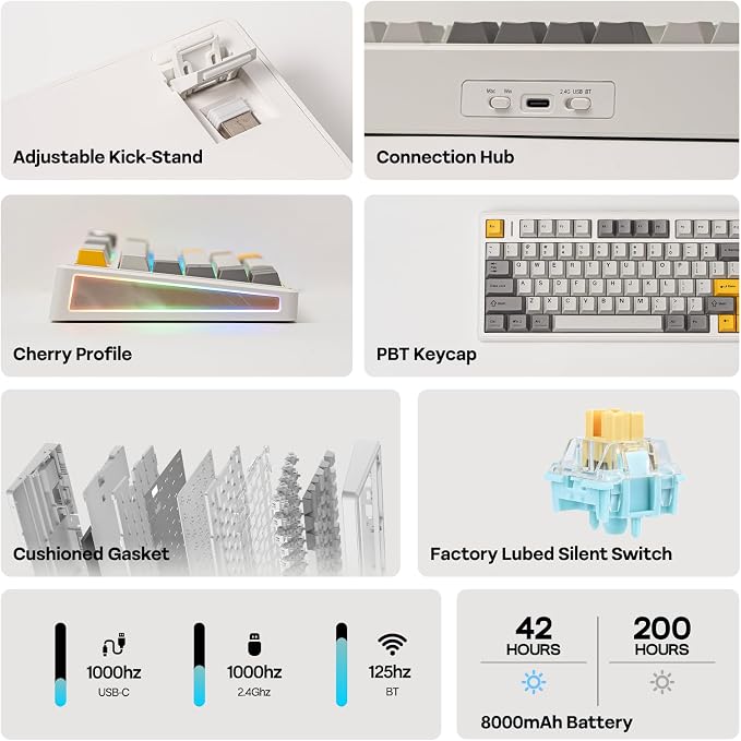 EPOMAKER TH80 V2 75% Wireless Mechanical Keyboard with Metal Knob, 8000mAh | 2.4Ghz/BT/USB-C, RGB, Hot Swap, Custom Driver, PBT Keycap, Wireless Gaming Keyboard for PC/Mac (White, Sea Salt Silent) - Image 3