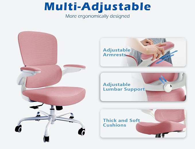 TRALT Ergonomic Office Chair Desk Chair with Adjustable Lumbar Support | Desk Chair Comfy with Flip-up Armrests Ergonomic Chair - Mesh Computer Chairs for Adults, 330lbs, PU Leather (Pink, 1) - Image 4