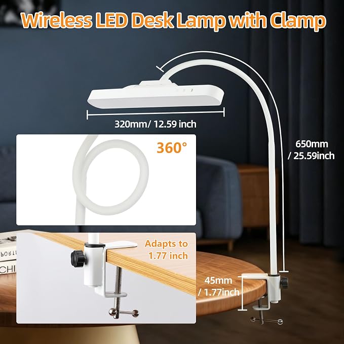 ShineTech Rechargeable Desk Lamp for Home Office,Magnetic Clip On Desk Lamp | 3 Color Modes & Stepless Dimming,Adjustable Gooseneck Lamp, Cordless, Long-Lasting Battery, Eye-Caring Wall Light for Reading - Image 7