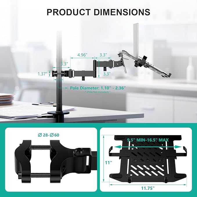 WALI Laptop Pole Mount, Adjustable Laptop Arm Holder Fits 10"-15.6" Laptops, 2-in-1 Full Motion Monitor Mount with Removable Tray, VESA 75x75 or 100x100 mm, Holds up to 15.4lbs(011ARMLPN), Black - Image 5