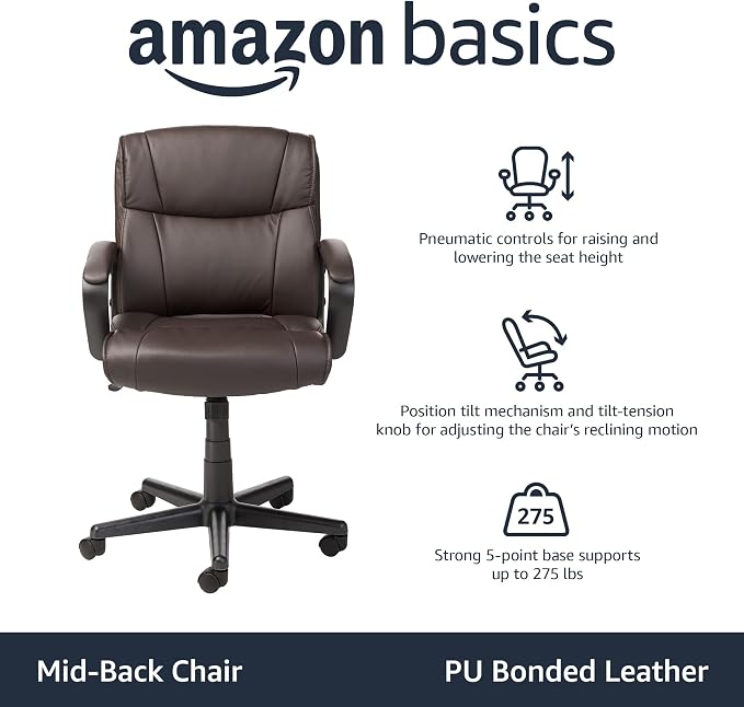 Amazon Basics Office Task Chair with Adjustable Height, 360° Swivel, Padded Armrests, Mid-Back, Rolling, 275 Pound Capacity, 24"D x 24.2"W x 34.8"H, BIFMA Certified, Dark Brown Faux Leather - Image 4