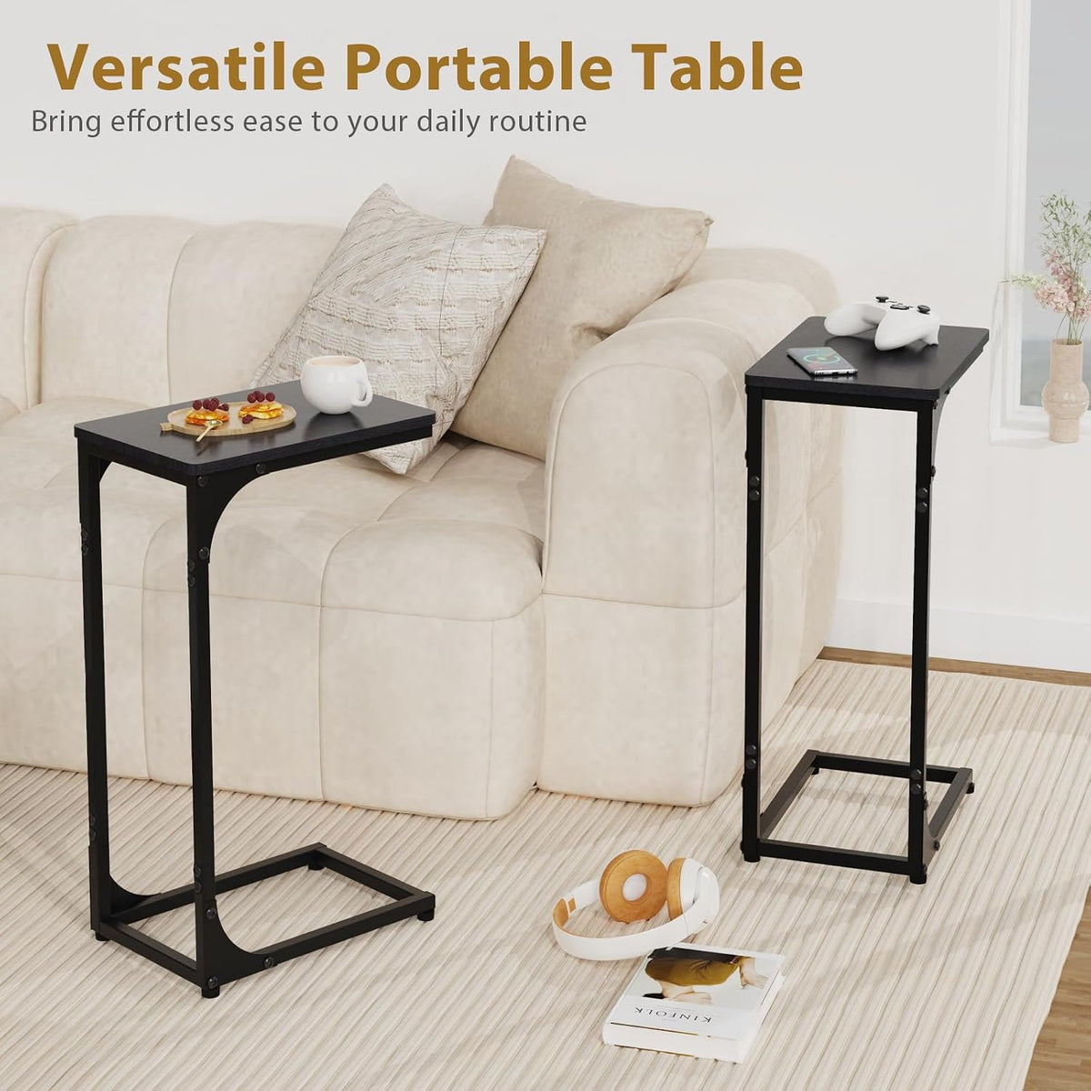 C Shaped End Tables Couch Table TV Trays Set of 2, 7" Wide, Black - Image 2