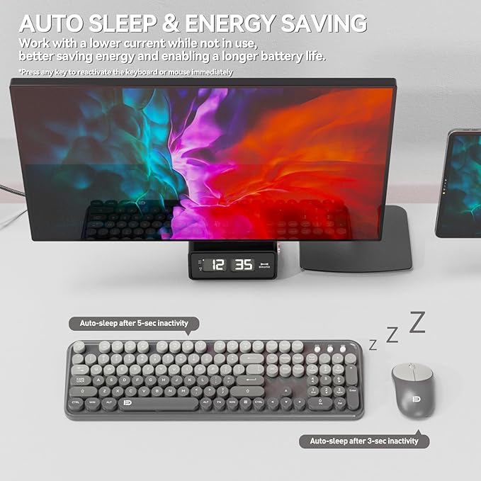 Wireless Keyboard and Mouse Combo - Cute Colorful Mouse and Keyboard 2.4G Full-Sized with 104 Round Keys Retro Typewriter Keyboards for Laptop/Windows/PC - Grey Gradient - Image 4