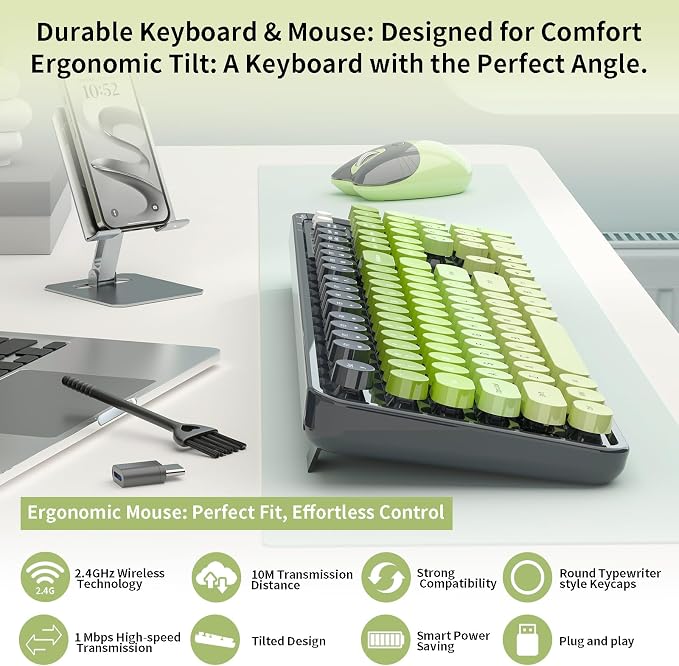 Wireless Keyboard and Mouse, MOFII 104 Round Keycaps Retro Typewriter with OTG & Brush, Full-Size Ergonomic, Ideal for Windows PC, Home, Office and College Gray Green - Image 2