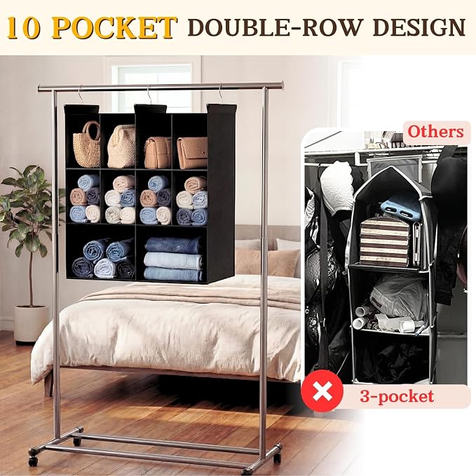 3 Tier Hanging Closet Organizer, 10 Compartments Dual Row Storage, Black | Closet Organizers and Storage with Large & Small Pockets, 3 Sturdy Hooks Support Heavy Loads, for Dorm, RV, Garment Rack - Image 4