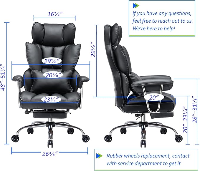 Efomao Big and Tall Office Chair with Foot Rest 400LBS, PU Leather Computer Chair, Heavy Duty Executive Office Chair with Lumbar Support, Black Home Office Chairs | 400lbs support, 135° recline, dual-layer foam cushion, 23.5" seat & footrest. BIFMA - Image 3